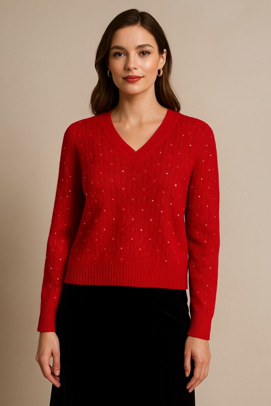 St. John Sport Red V-Neck Sequin Wool Sweater Medium Sparkle Knit Pullover